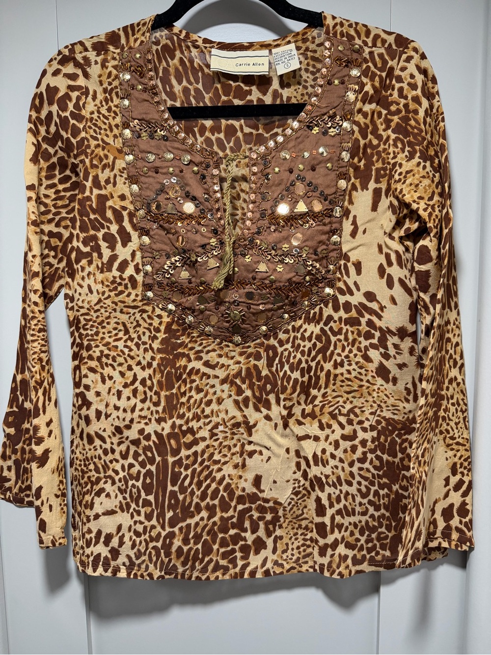 Vintage Carrie Allen Brown Animal Print Embellished Long-Sleeve Top